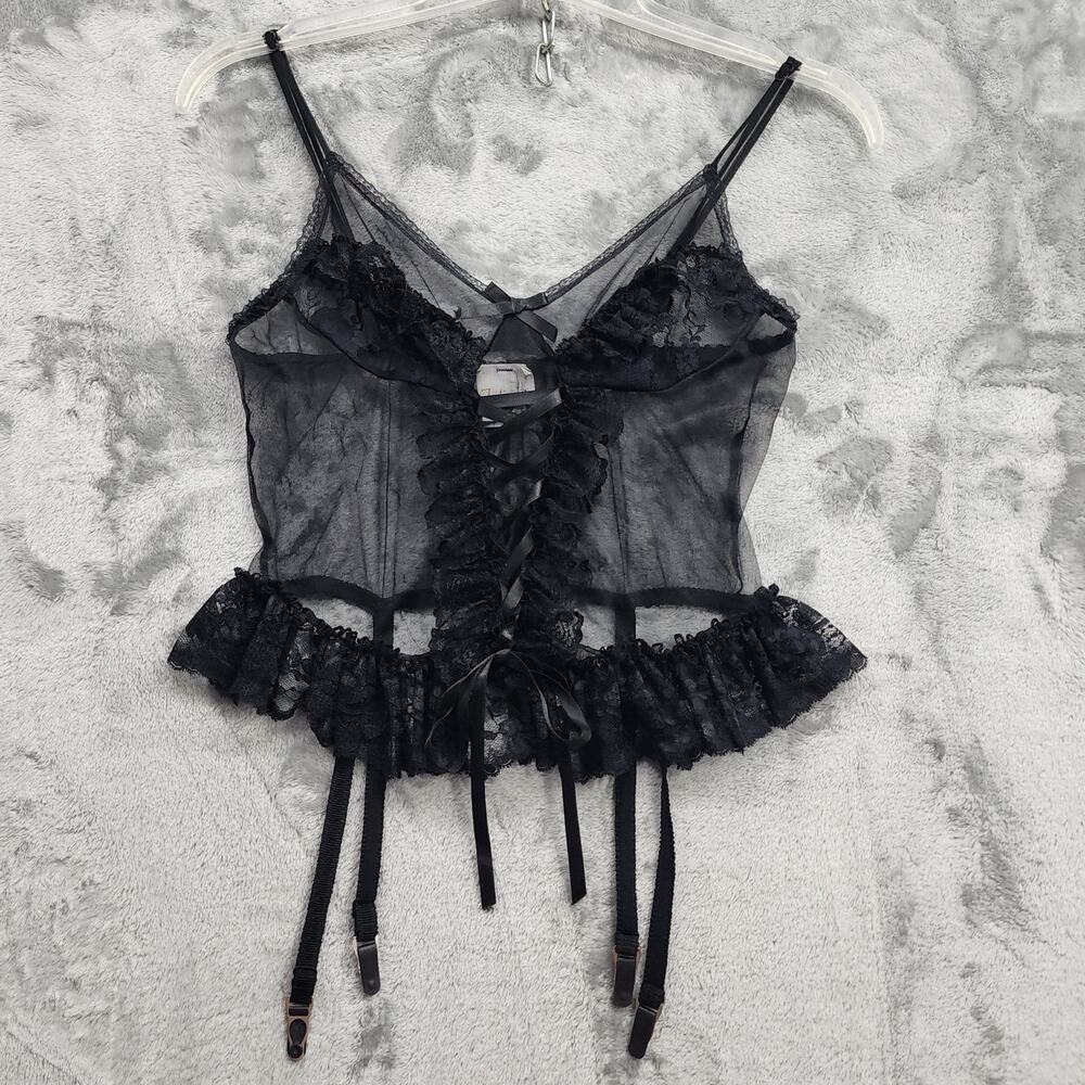 Vintage Intimate Moods Bustier Womens L Black Sheer Lace‎ Ruffled Corset Garters